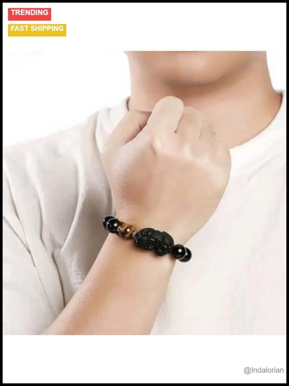 Black Obsidian Healing Crystal Bracelet with Pixiu and Tiger Eye Beads for